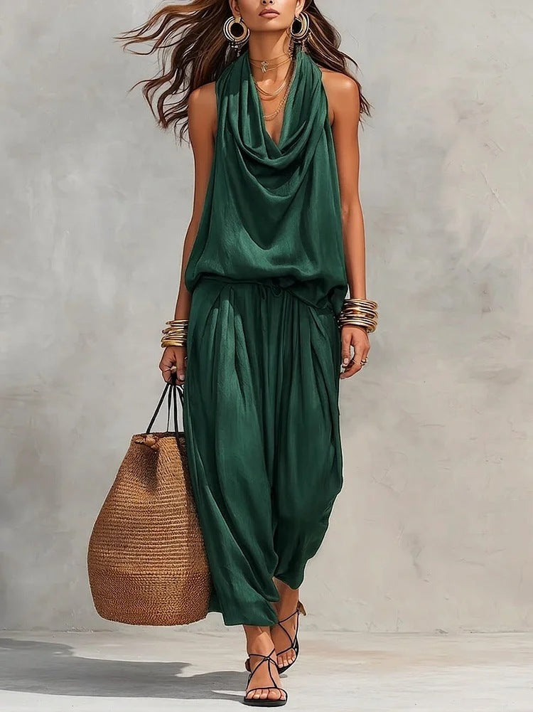 Qyraxa - Elegant two-piece flowing polyester women's set for summer evenings