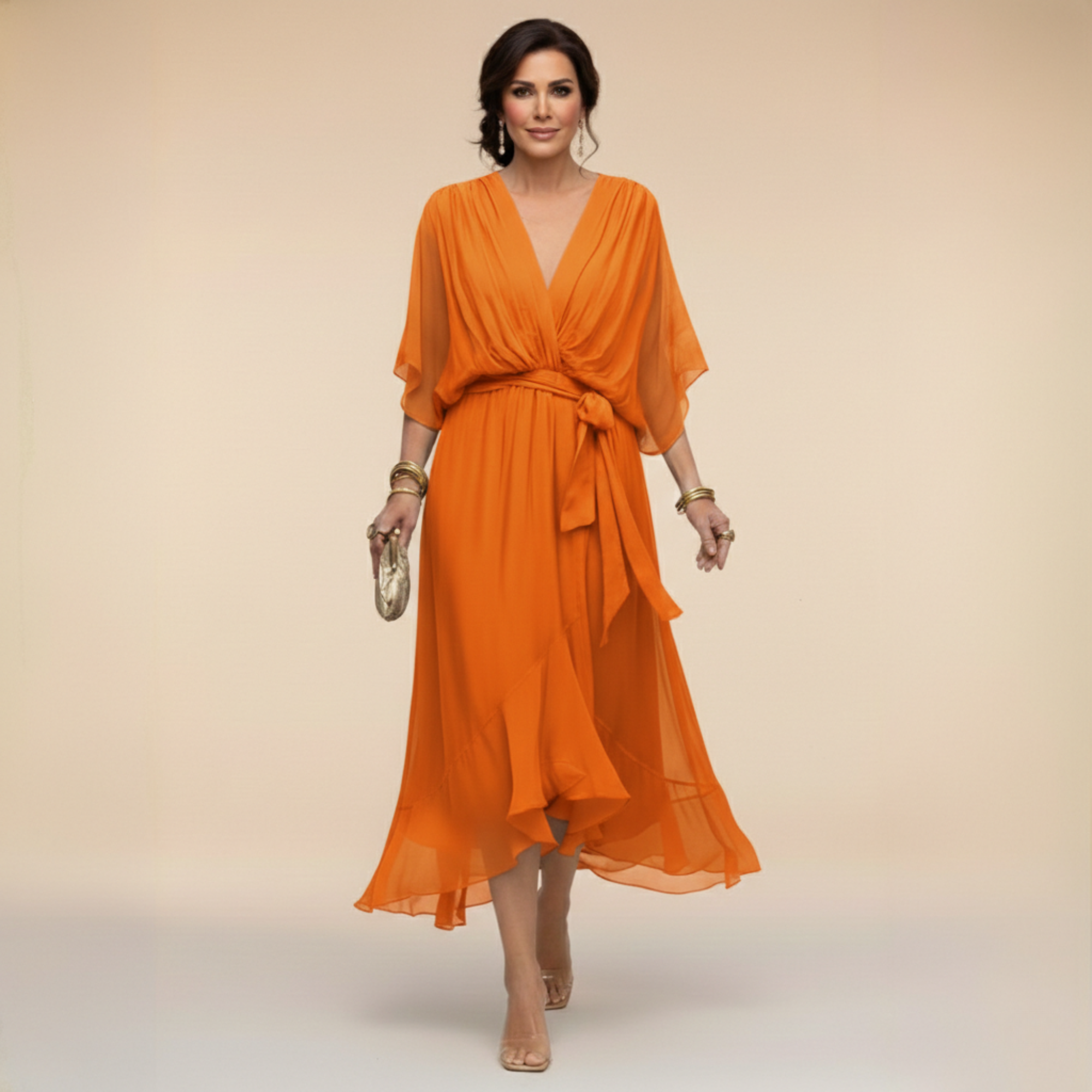 Lazira - Women's flowing midi dress with V-neck, wide sleeves, and elegant belt