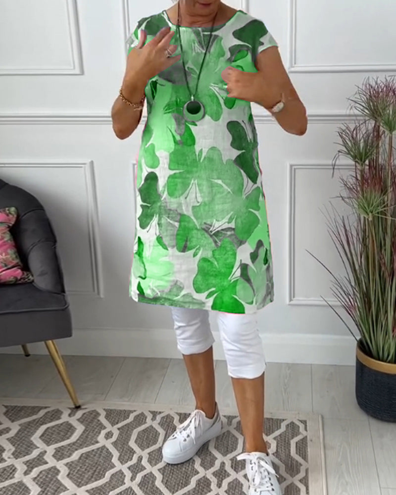 Anita - Women's green printed flowy short-sleeved loose-fitting dress