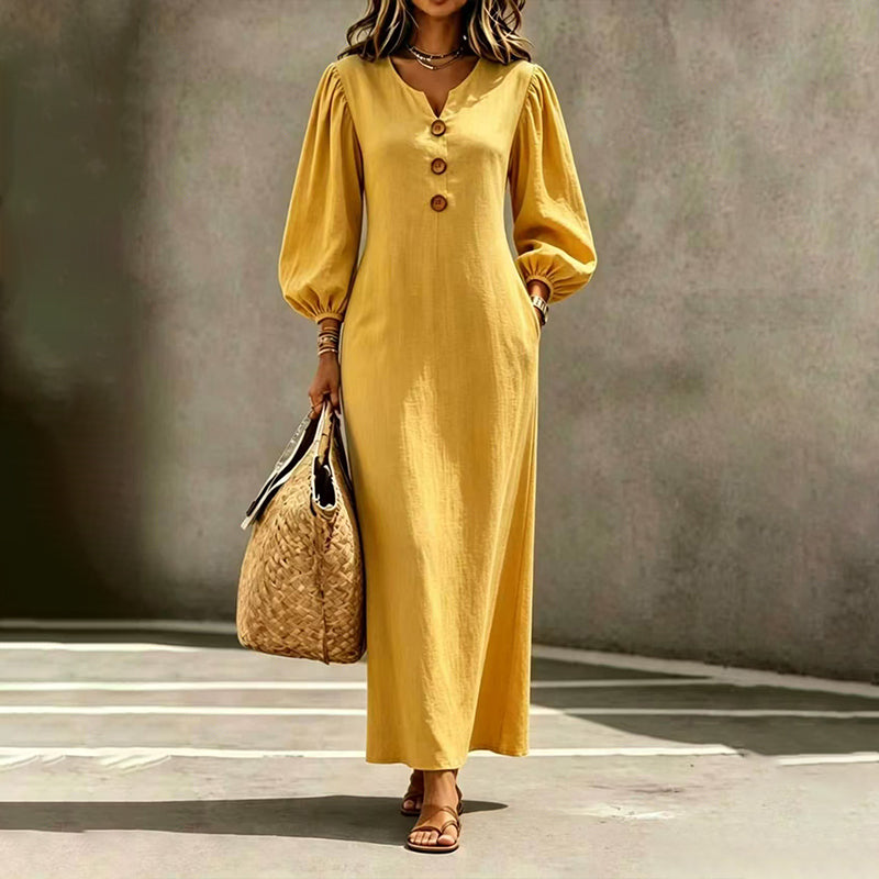 Réjane - Robe maxi femme à col V et manches bouffantes