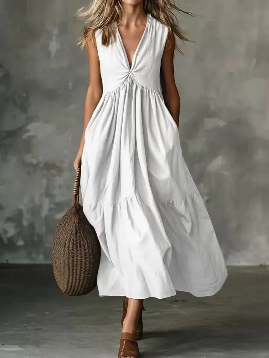 Leocadia - Robe midi femme sans manches à col V avec poches