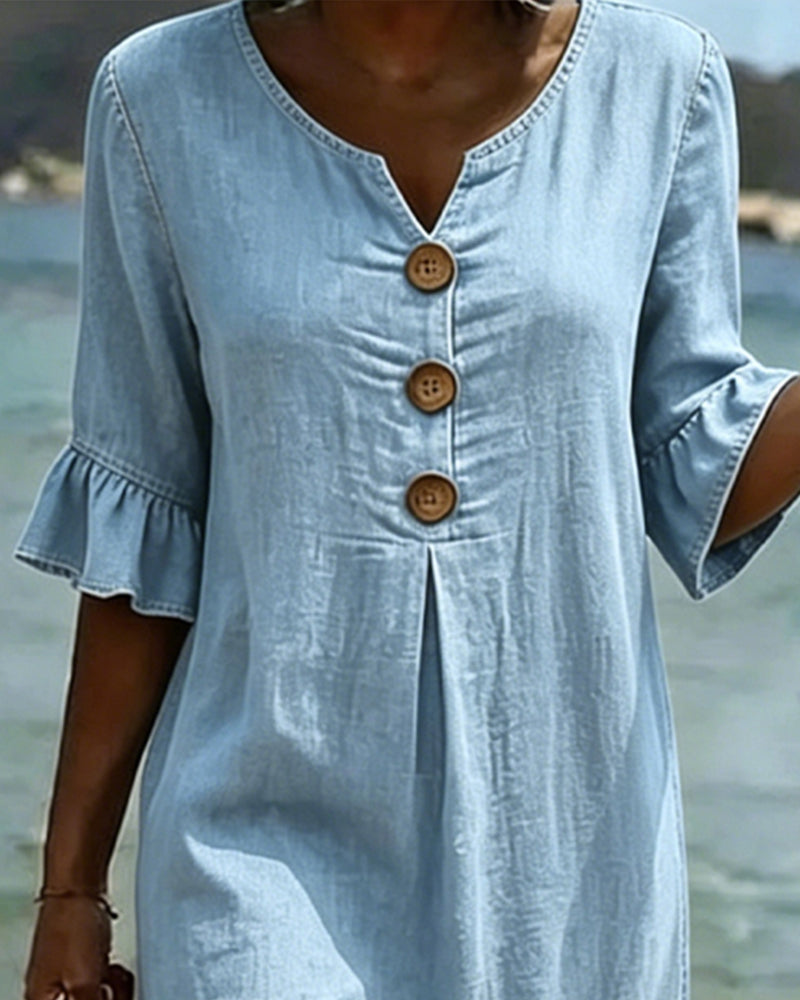 Fynorae - Women's denim dress with ruffled sleeves, flowy cut, for summer beach