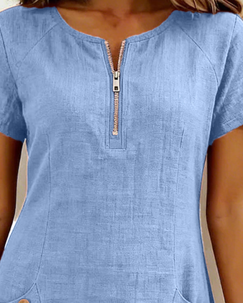 Kovira - Cotton Linen Short Dress with Zipper and Pockets
