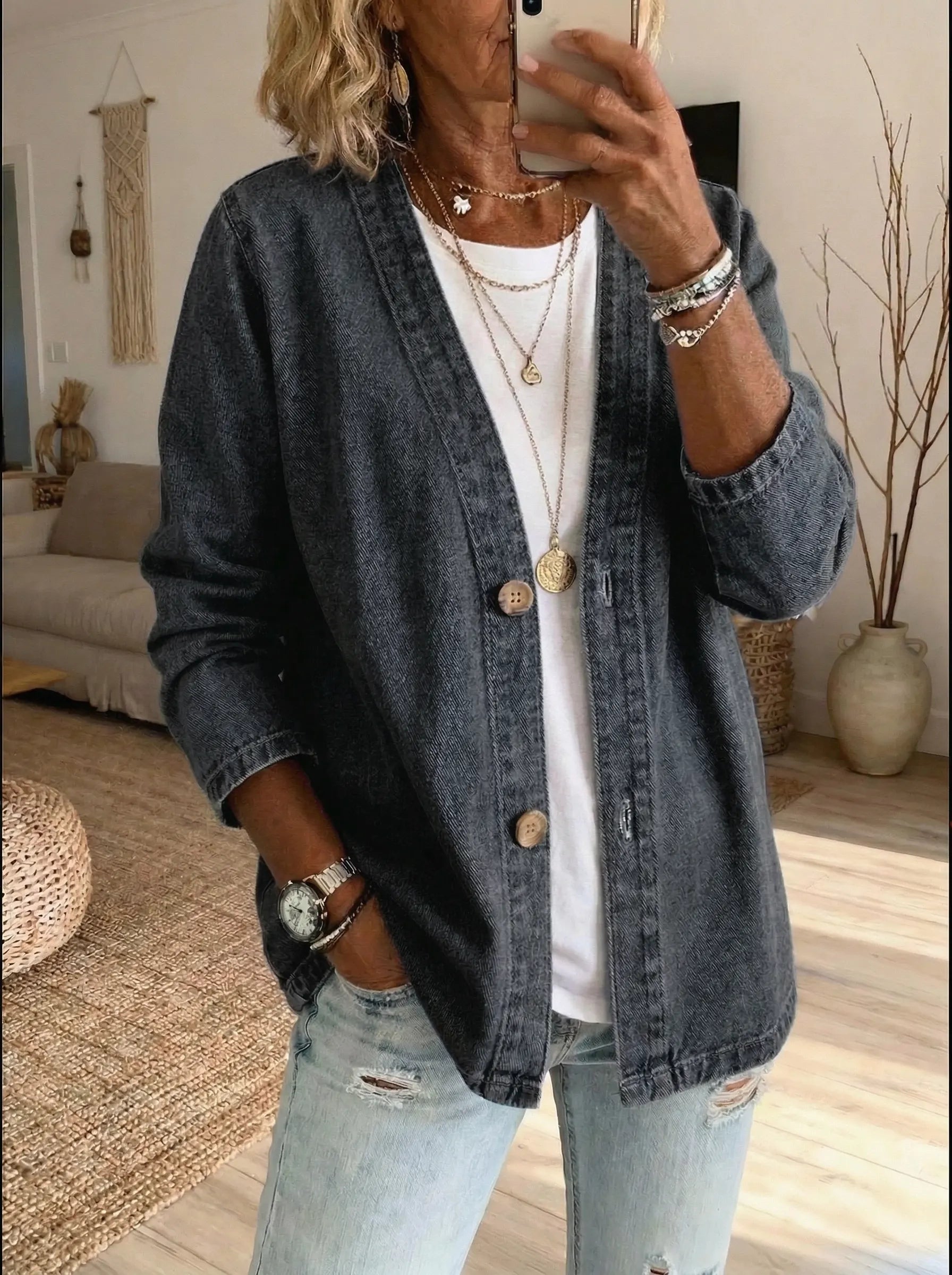 Oryxa - Women's Relaxed Fit Button-Up Denim Jacket Casual Style