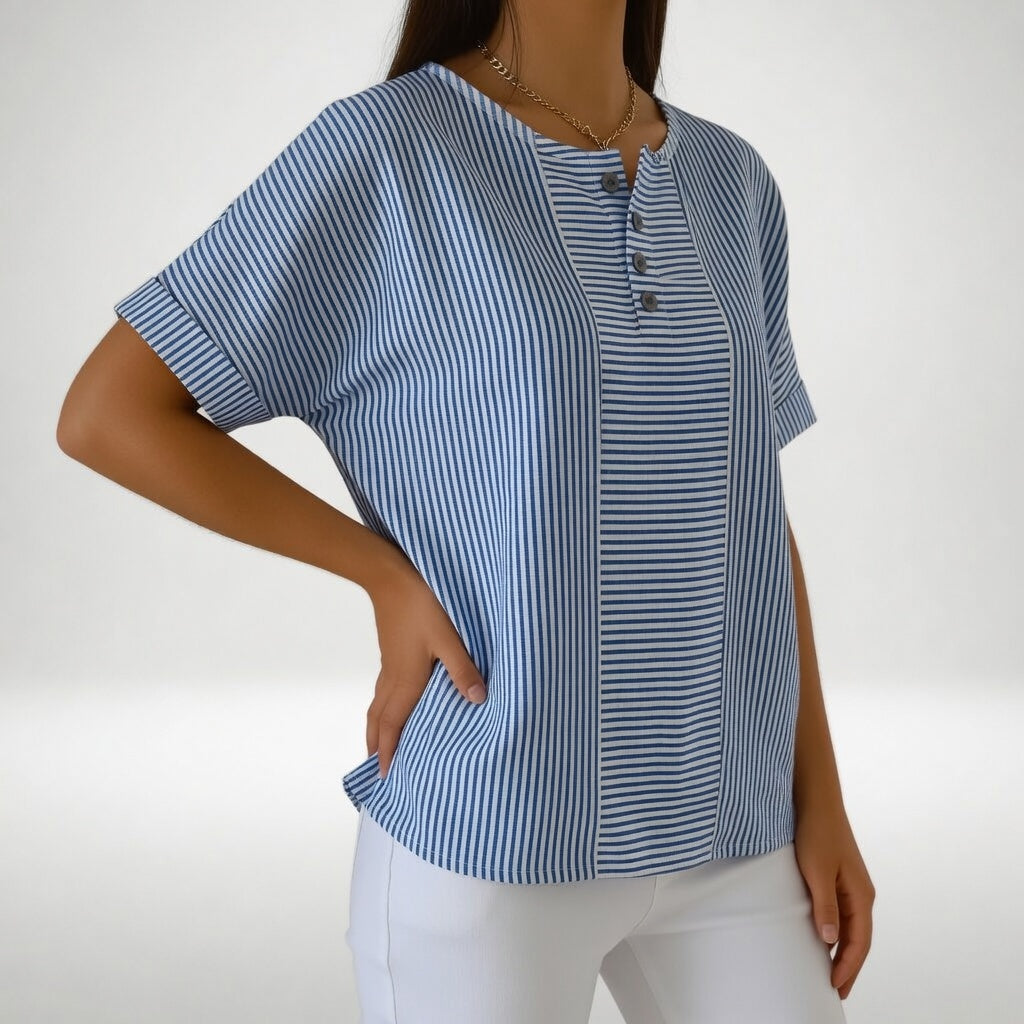 Dovinia - Women's striped linen short sleeve flowy casual summer blouse
