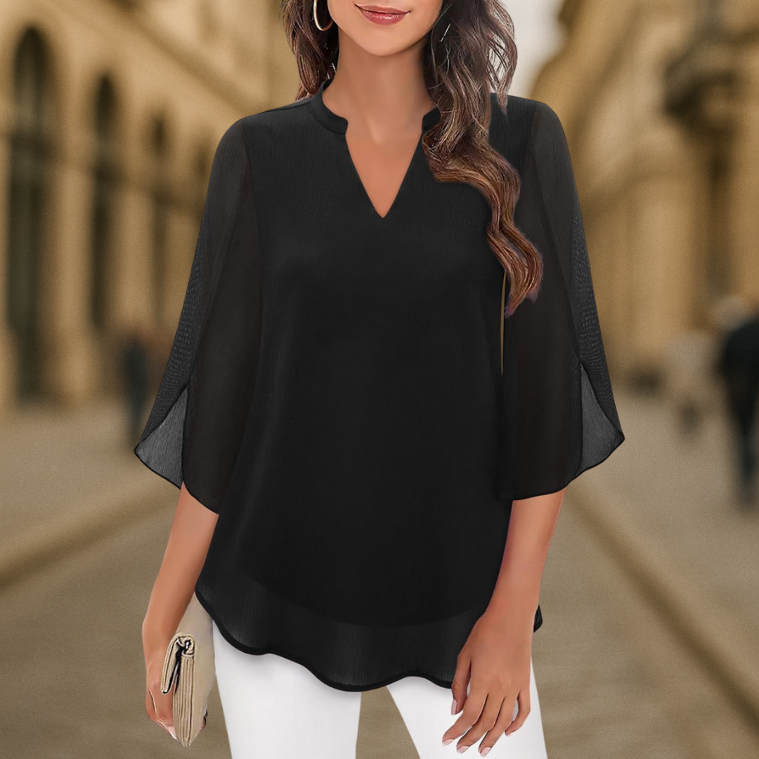 Ozyra - Elegant V-Neck Chiffon Flowy Blouse