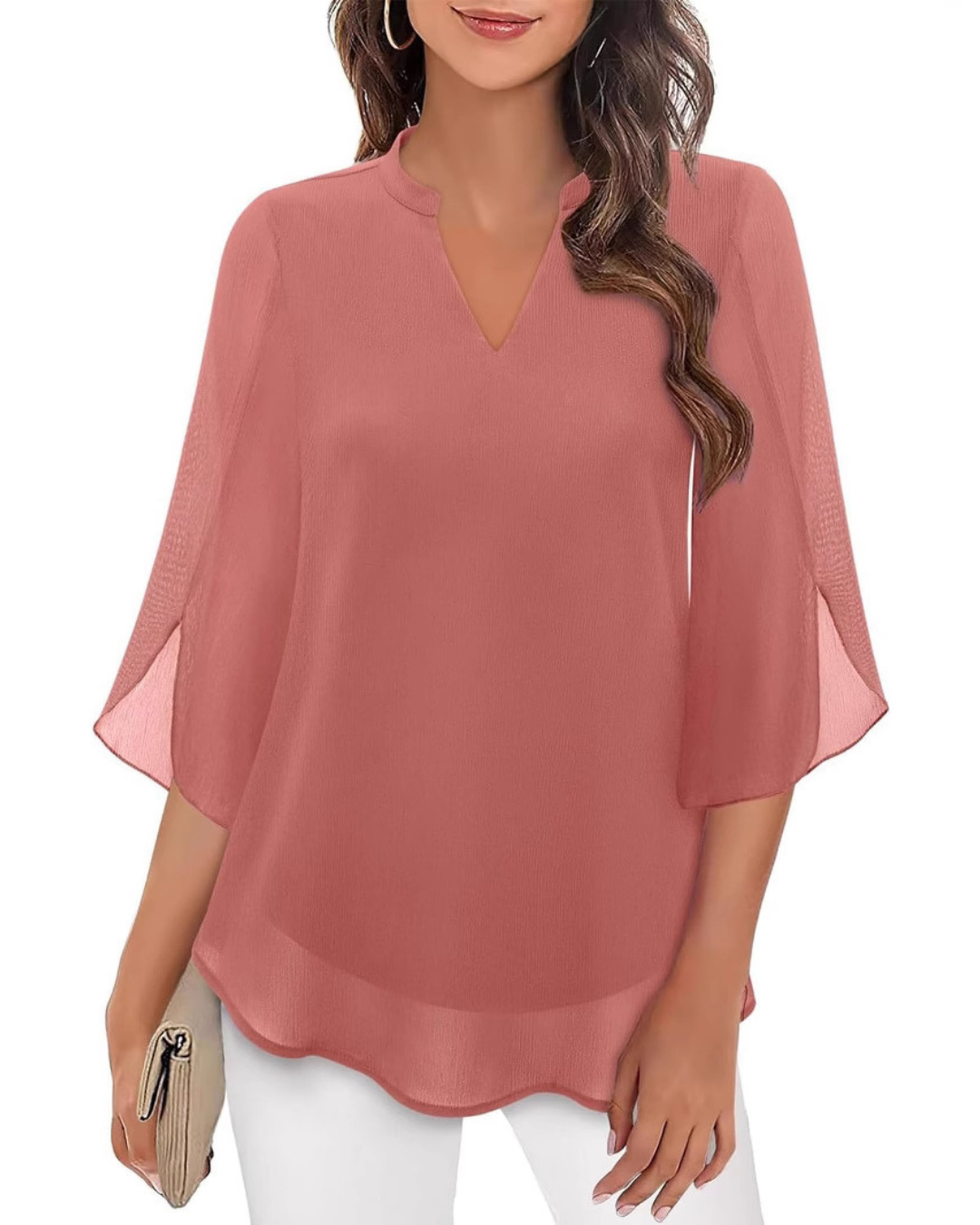 Ozyra - Elegant V-Neck Chiffon Flowy Blouse