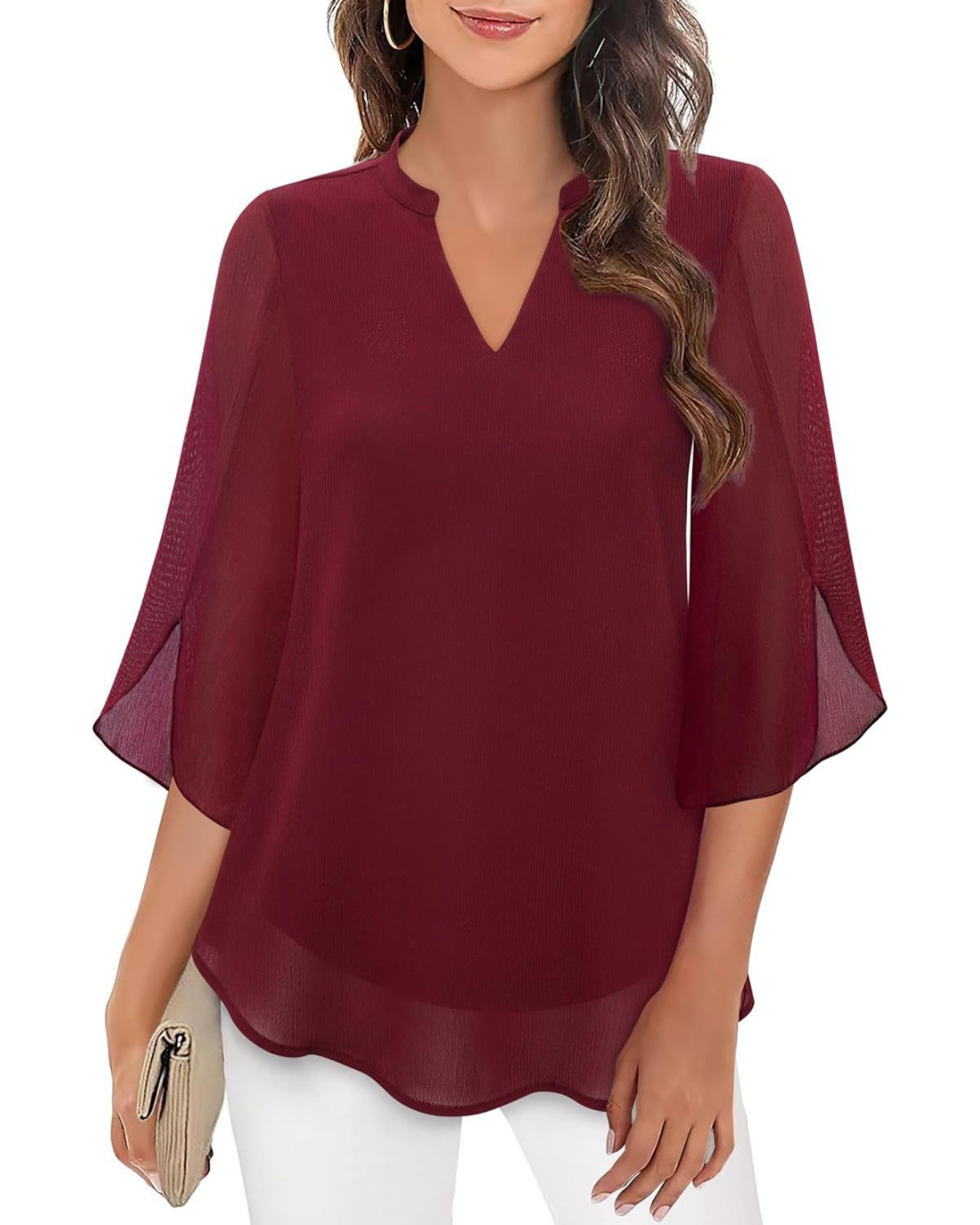 Ozyra - Elegant V-Neck Chiffon Flowy Blouse