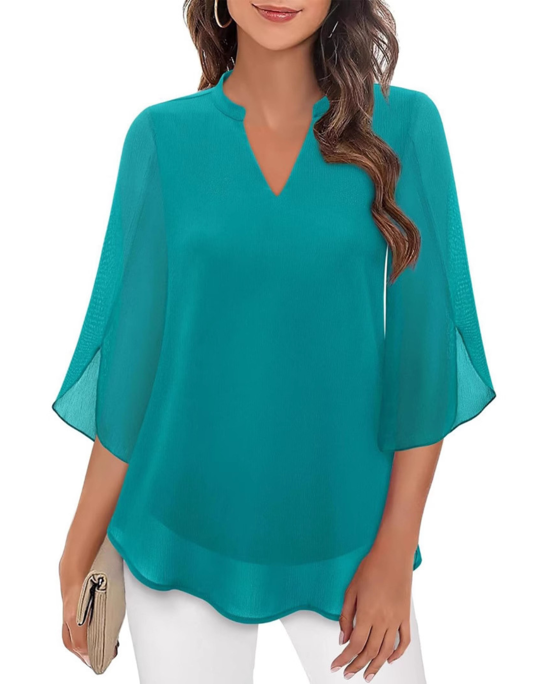 Ozyra - Elegant V-Neck Chiffon Flowy Blouse