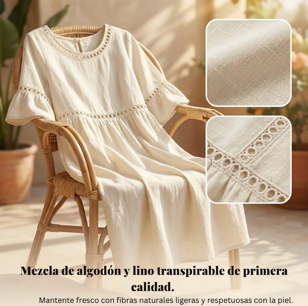Pryline - Women's mid-length linen dress with a round neckline, openwork lace, and ruffled sleeves