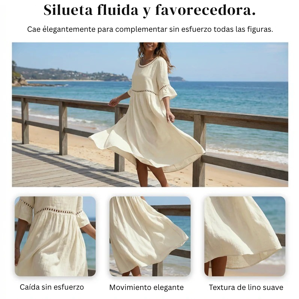 Pryline - Women's mid-length linen dress with a round neckline, openwork lace, and ruffled sleeves
