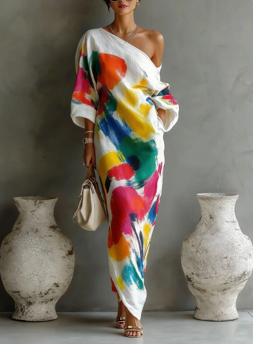 Tirevyn - Women's Artistic Print One-Shoulder Asymmetrical Maxi Dress