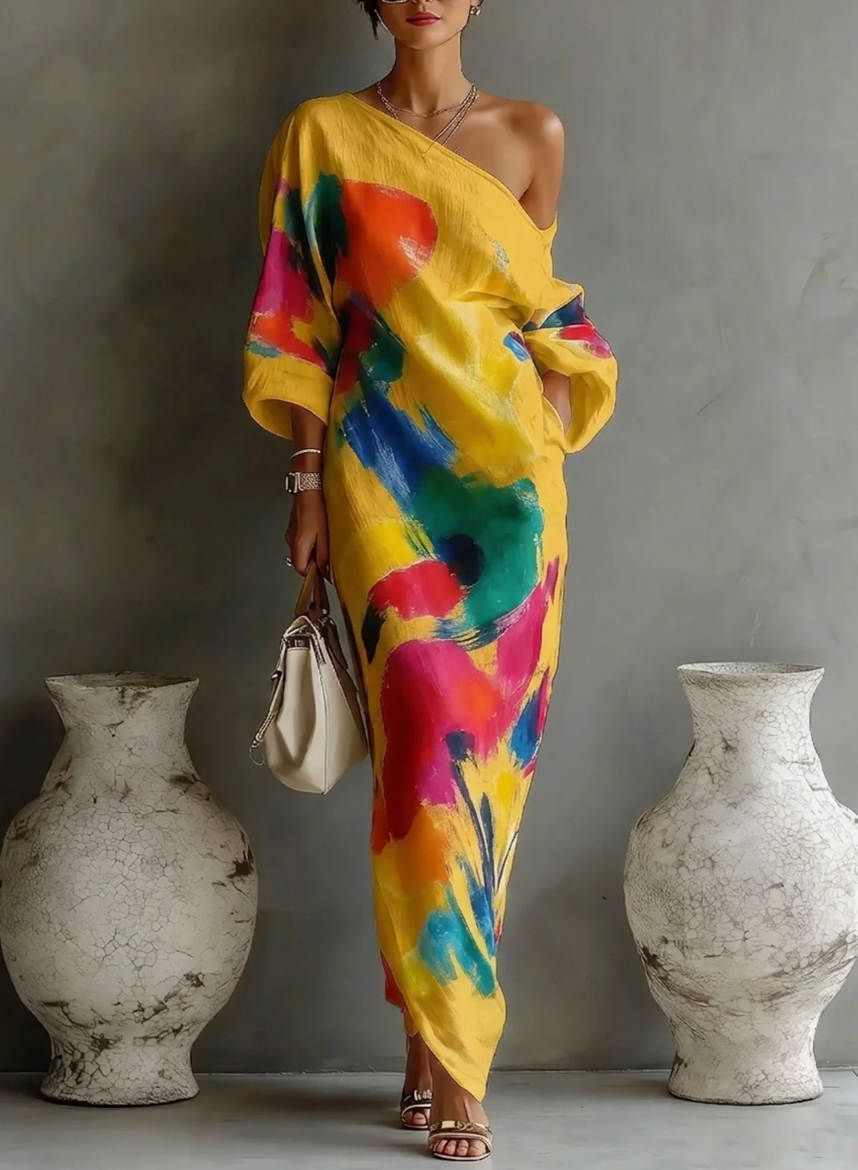 Tirevyn - Women's Artistic Print One-Shoulder Asymmetrical Maxi Dress