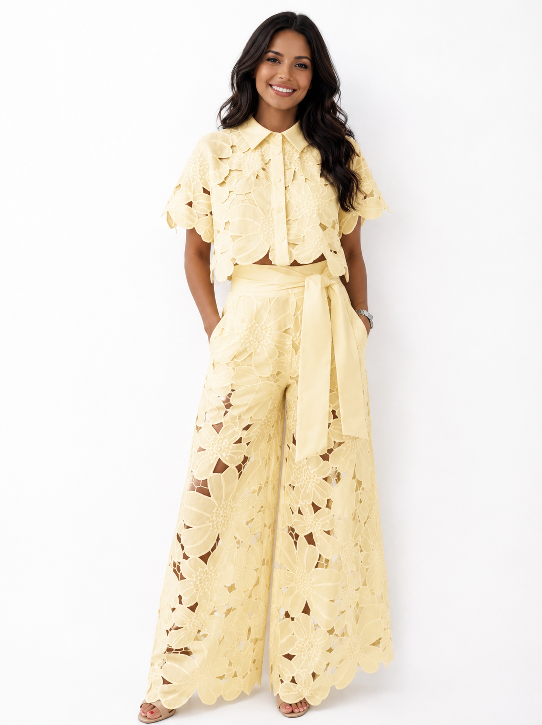 Pavryna - Elegant and Flowy Floral Lace Two-Piece Set for Women