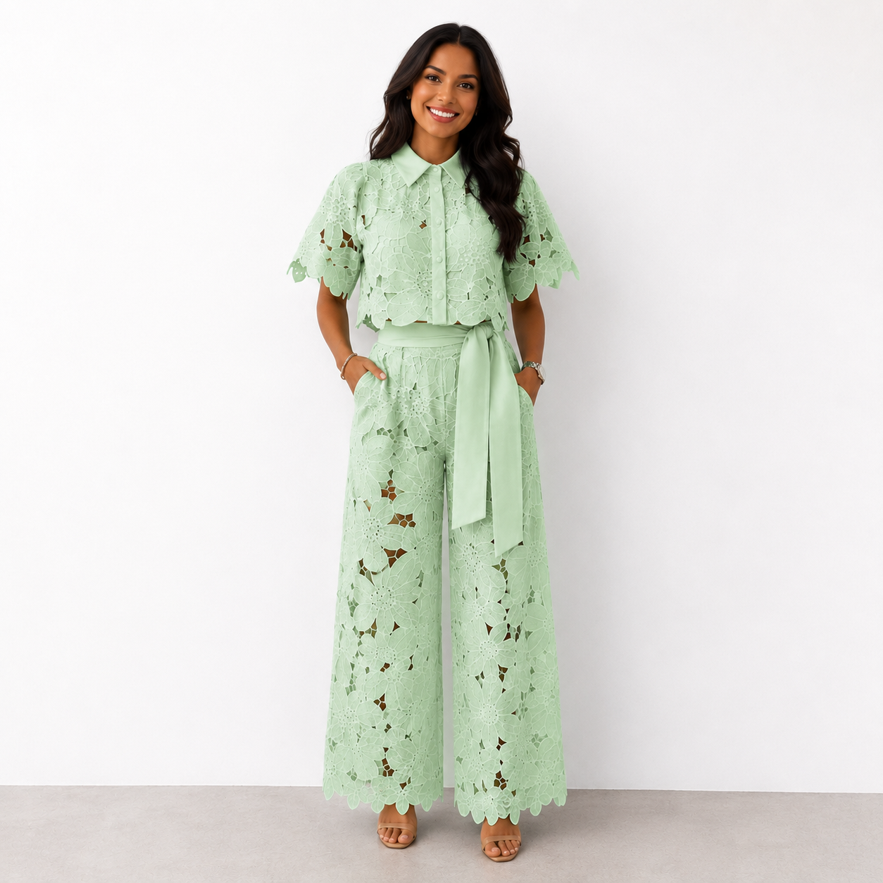 Pavryna - Elegant and Flowy Floral Lace Two-Piece Set for Women