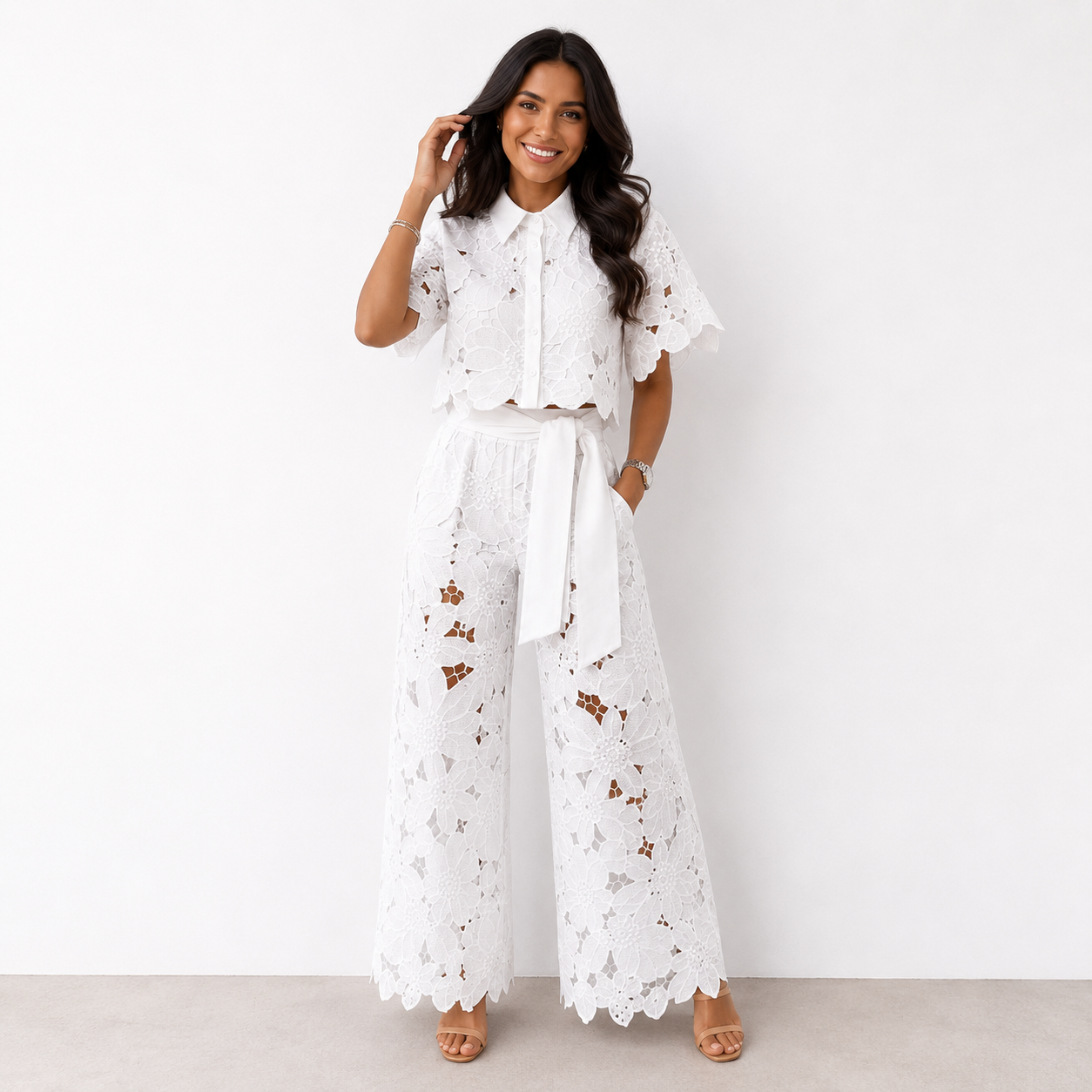Pavryna - Elegant and Flowy Floral Lace Two-Piece Set for Women