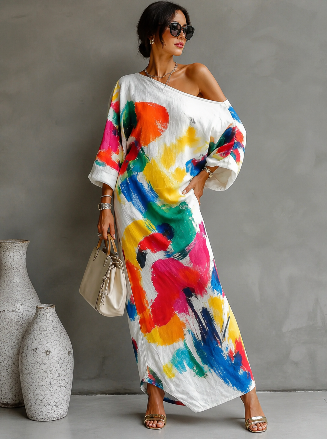 Tirevyn - Women's Artistic Print One-Shoulder Asymmetrical Maxi Dress