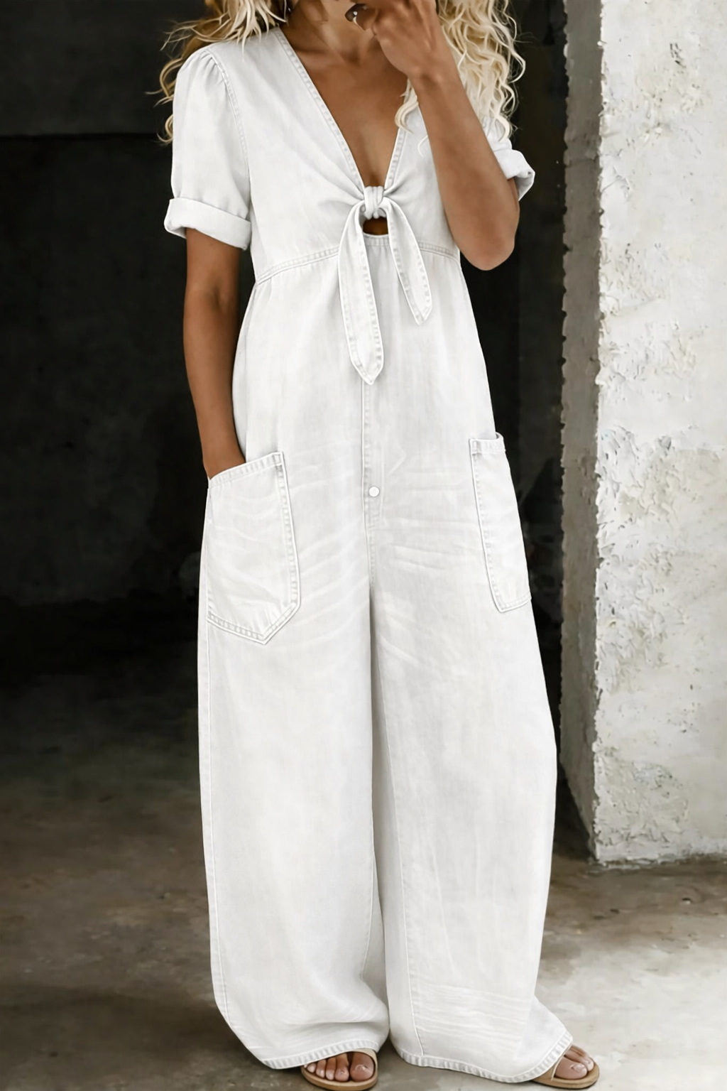 Lioritha - Women's fluid denim wide-leg V-neck jumpsuit
