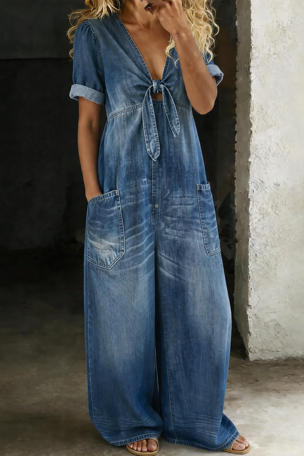 Lioritha - Women's fluid denim wide-leg V-neck jumpsuit