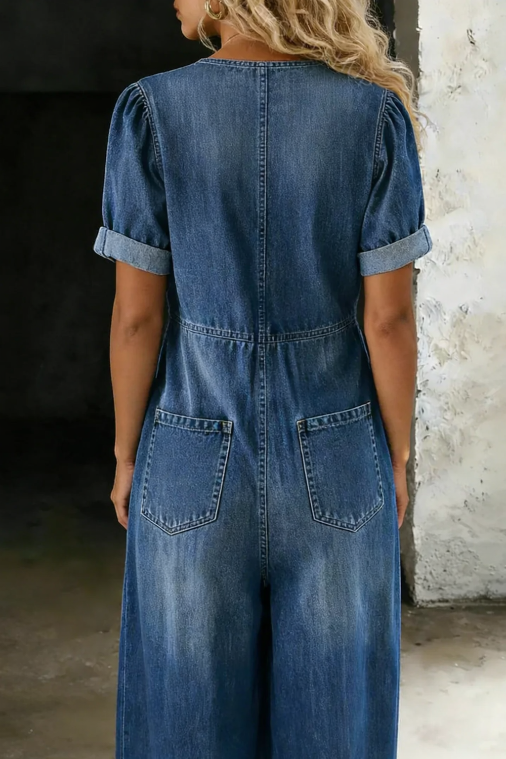 Lioritha - Women's fluid denim wide-leg V-neck jumpsuit