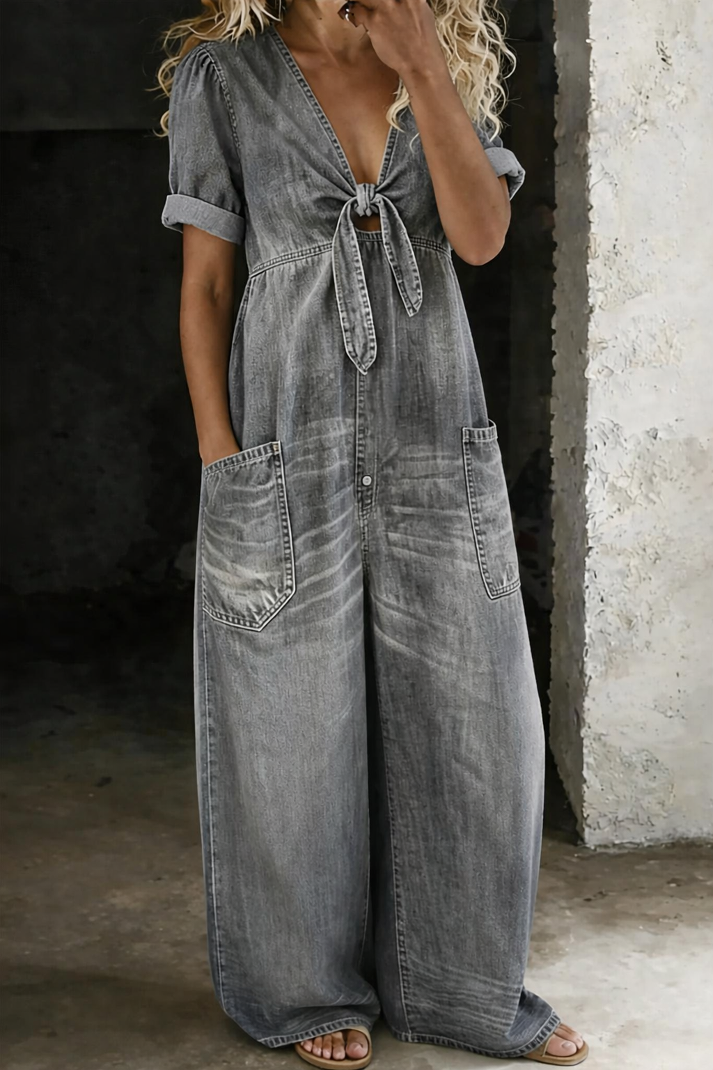 Lioritha - Women's fluid denim wide-leg V-neck jumpsuit