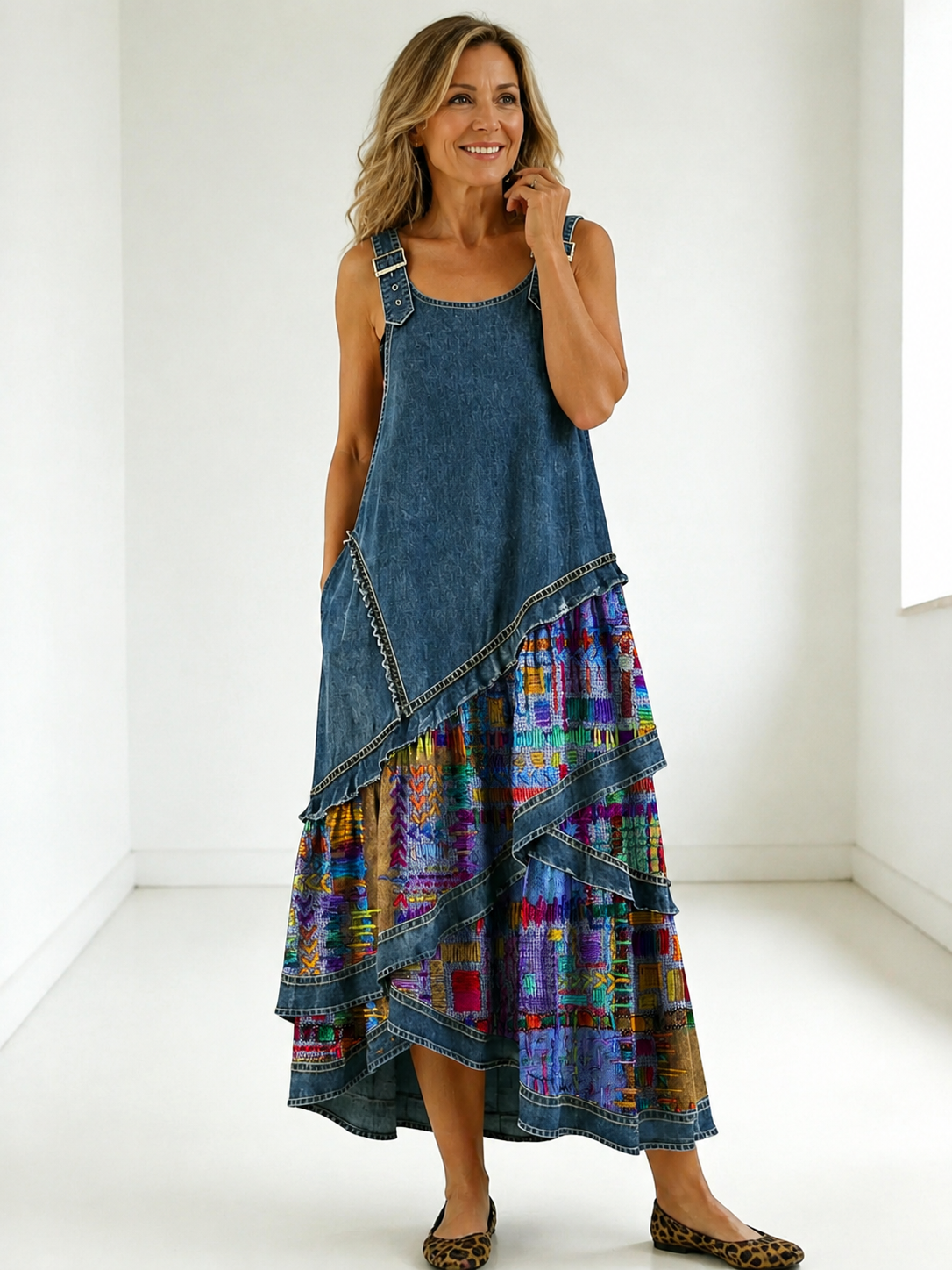 Rovessira - Women's Bohemian Patchwork Denim and Floral Print Maxi Dress