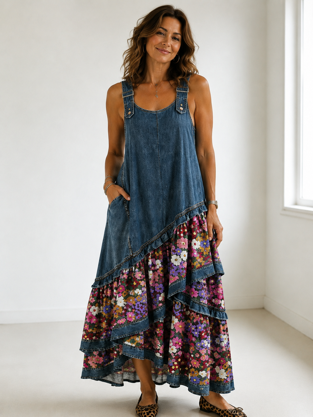 Rovessira - Women's Bohemian Patchwork Denim and Floral Print Maxi Dress