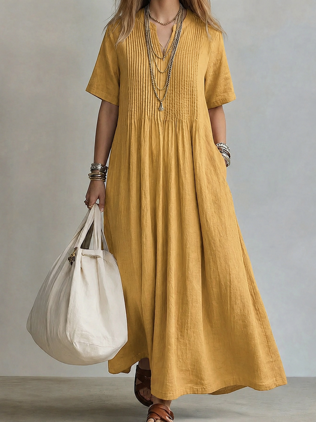 Sylovelle - Women's Flowy Pleated Lightweight Cotton and Linen Maxi Dress