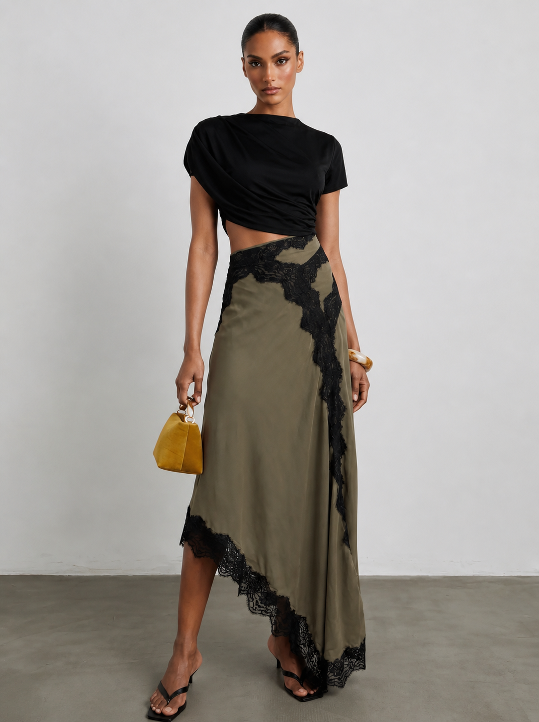 Griselune - Women's set asymmetrical black top and elegant lace maxi skirt