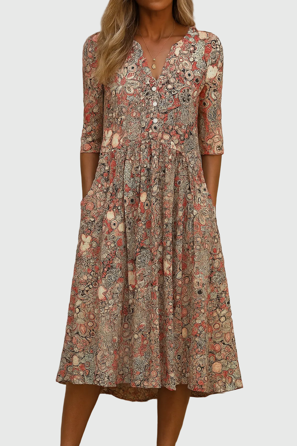 Hespera - Women's Printed V-Neck Midi Dress 