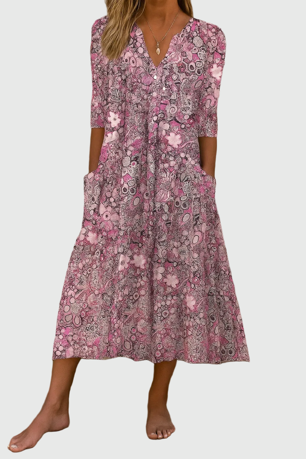 Hespera - Women's Printed V-Neck Midi Dress 
