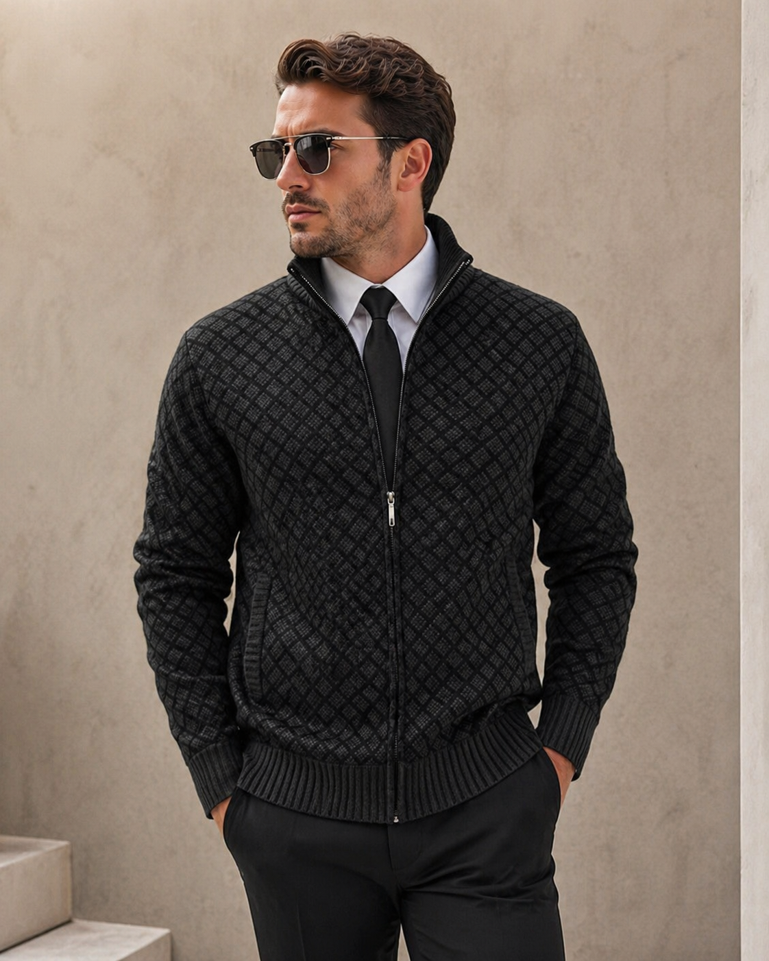 Fabian - Men's zipped stand-up collar cardigan, modern fit jacquard knit