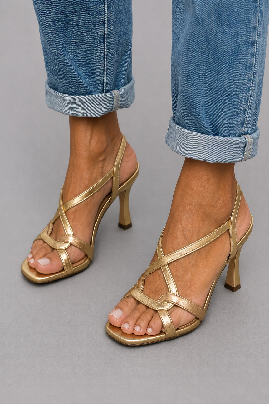 Faustine - Sandales femme dorées à talons avec lanières croisées