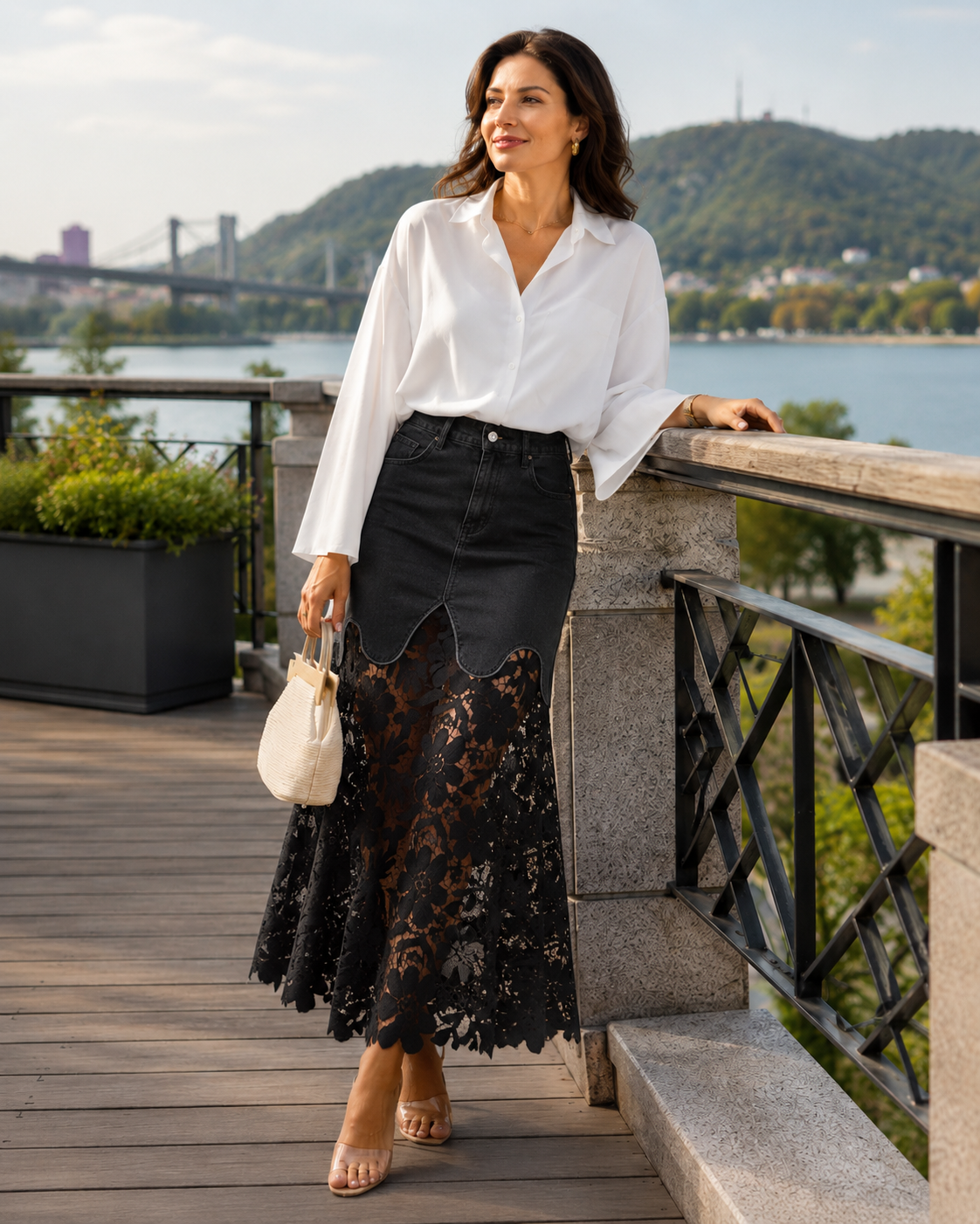 Helynora - Women's Long Denim Skirt with Floral Lace Trim