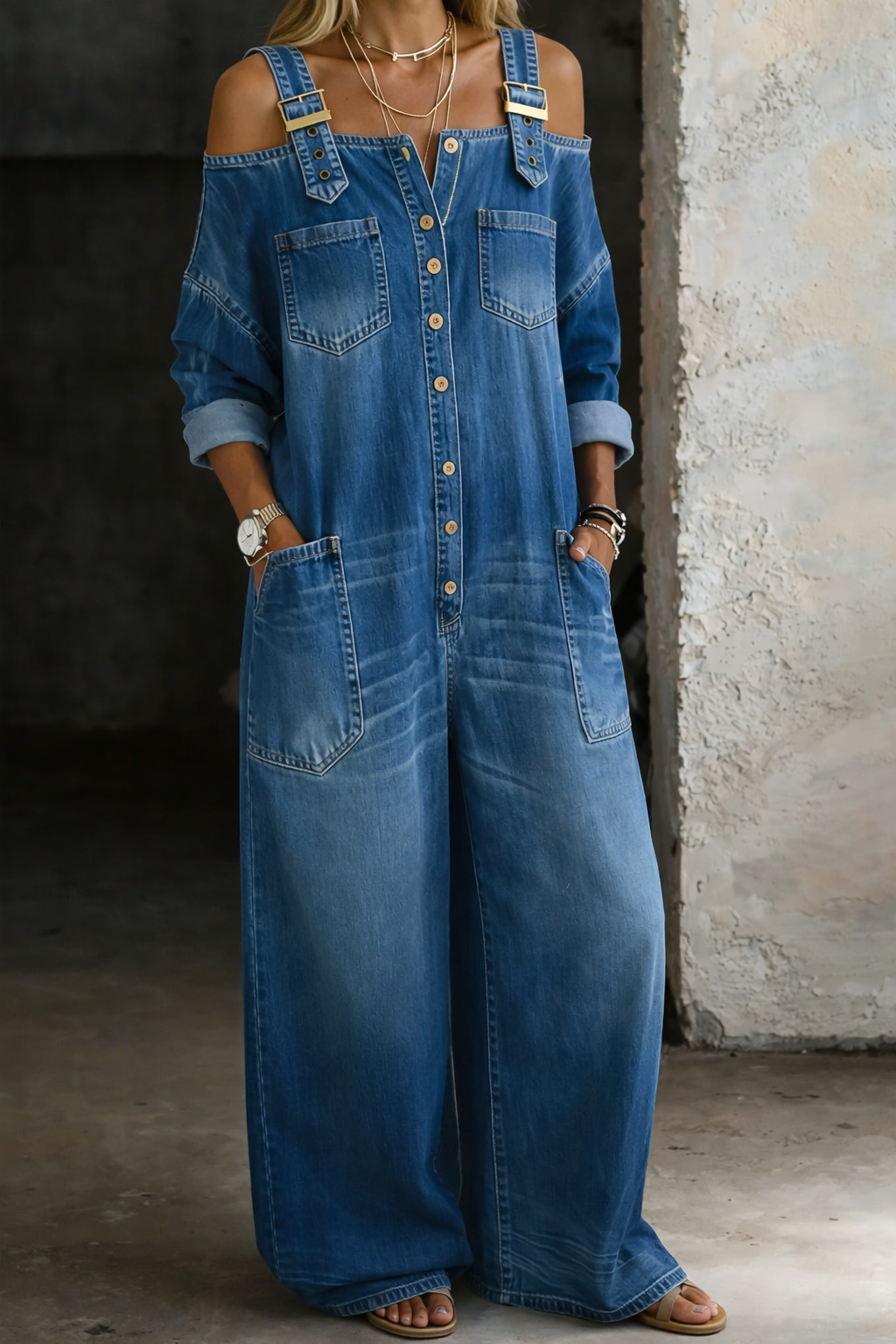 Aurexa - Women's Elegant Loose Fit Off-the-Shoulder Denim Jumpsuit