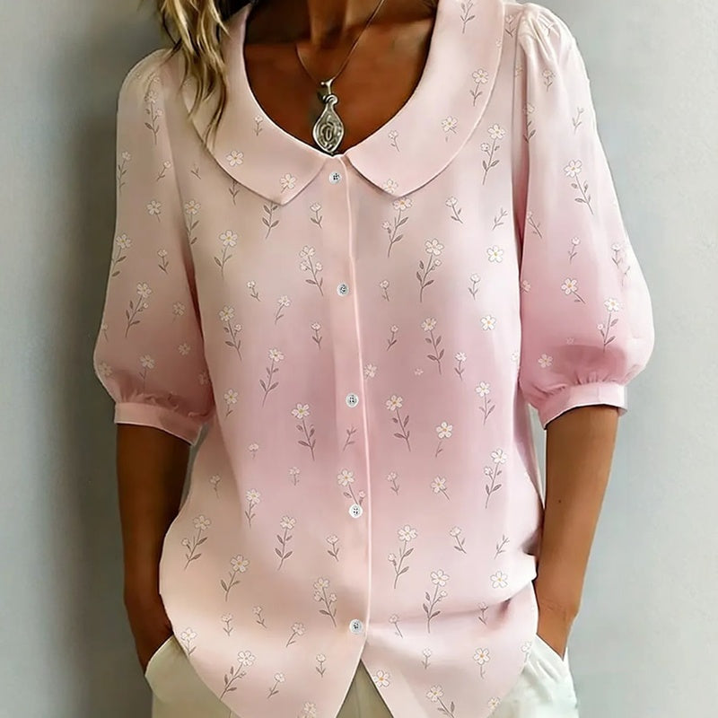 Quoravelle - Vintage Floral Blouse with Peter Pan Collar and Puff Sleeves