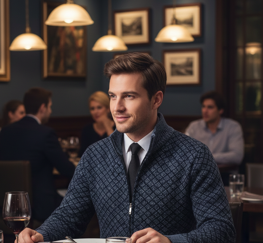 Fabian - Men's zipped stand-up collar cardigan, modern fit jacquard knit
