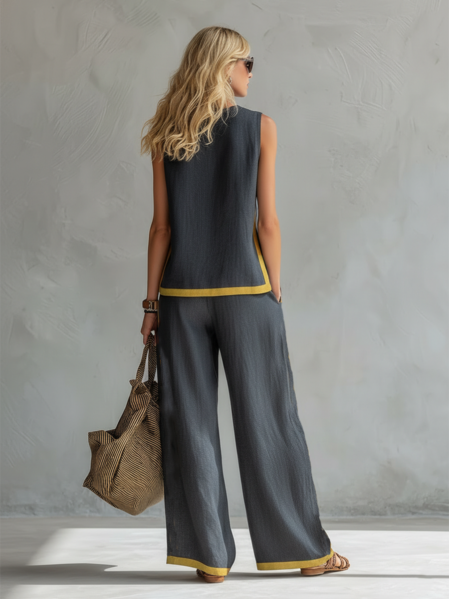 Tavindra - Elegant Cotton Linen Women's Set – Sleeveless Top & Wide-Leg Pants