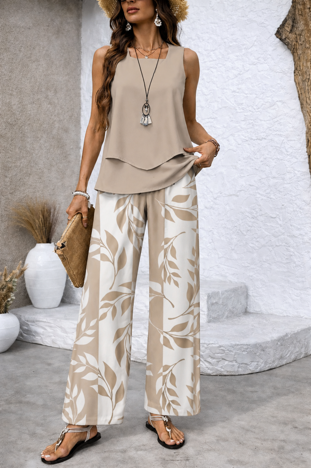 Xanthe - Ensemble femme beige avec pantalon large imprimé feuillage