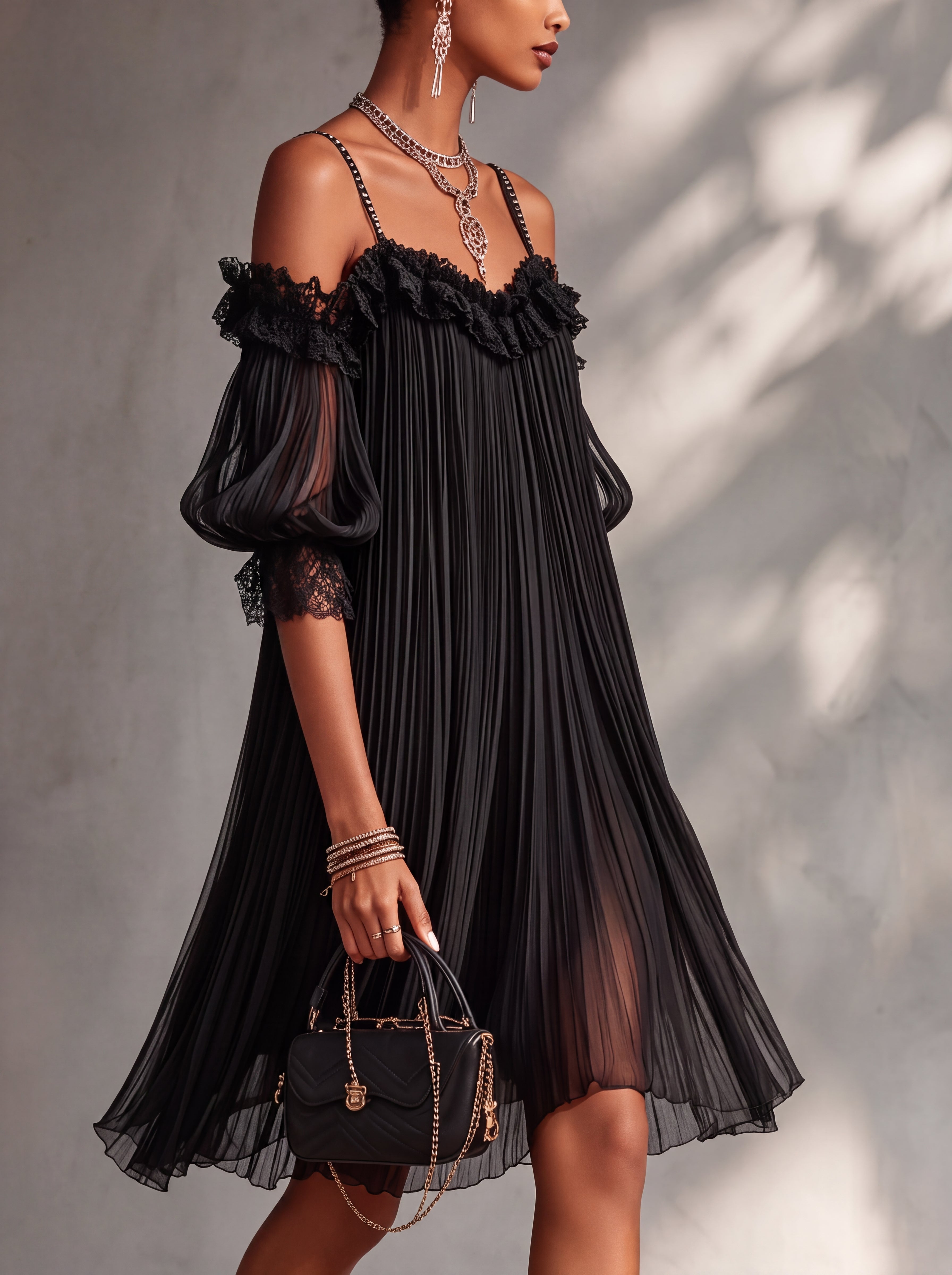 Ksenia - Mini robe noire femme en chiffon à épaules dénudées avec dentelle