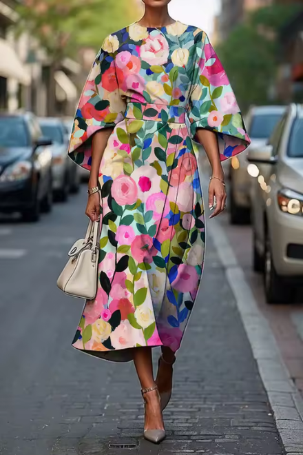 Havirelle - Elegant Women's Floral Midi Dress with Flowy Sleeves and Artistic Print