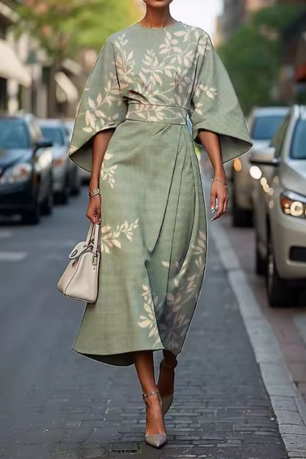 Havirelle - Elegant Women's Floral Midi Dress with Flowy Sleeves and Artistic Print