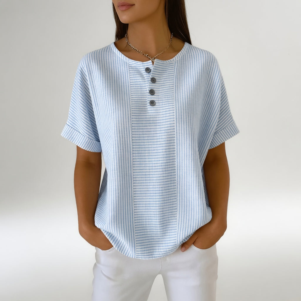 Dovinia - Women's striped linen short sleeve flowy casual summer blouse