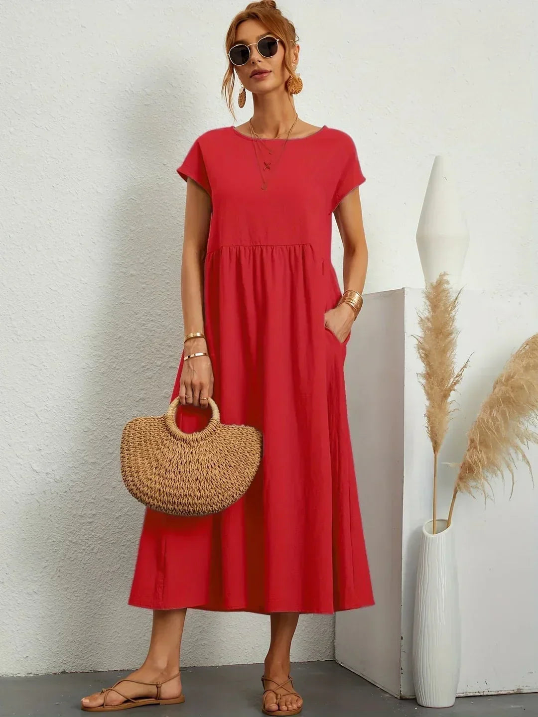 Quessara - Casual Midi Dress, Flowy Cut 