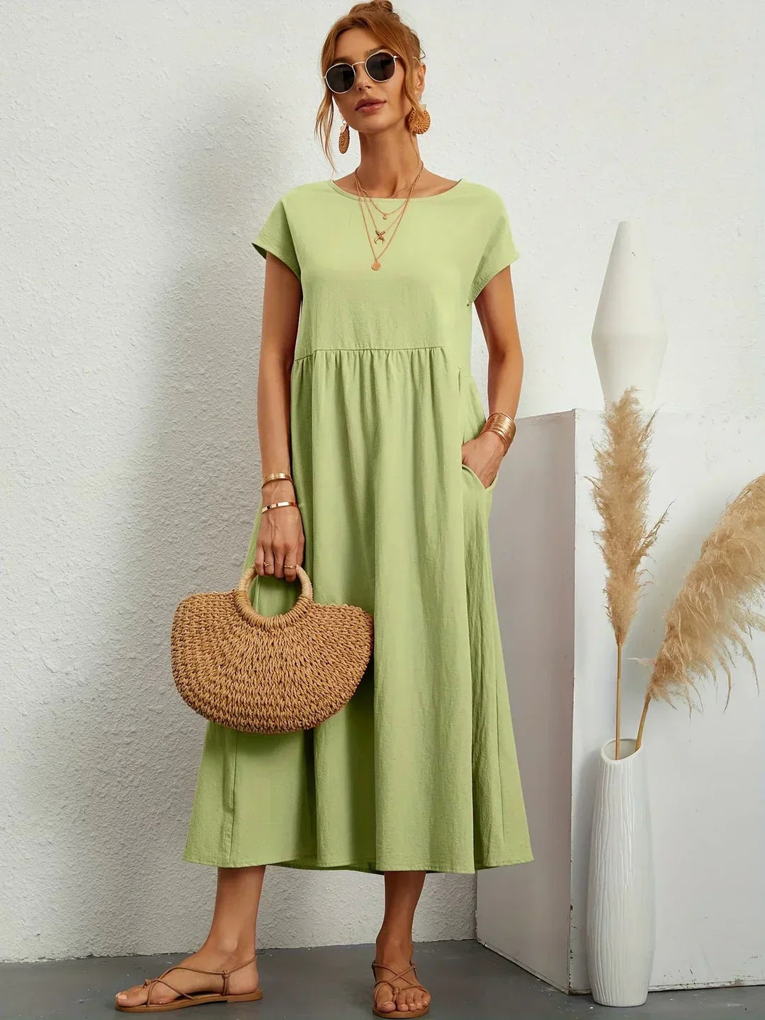 Quessara - Casual Midi Dress, Flowy Cut 