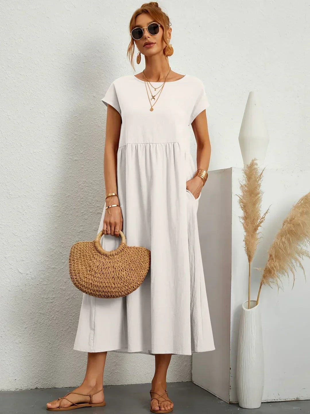 Quessara - Casual Midi Dress, Flowy Cut 