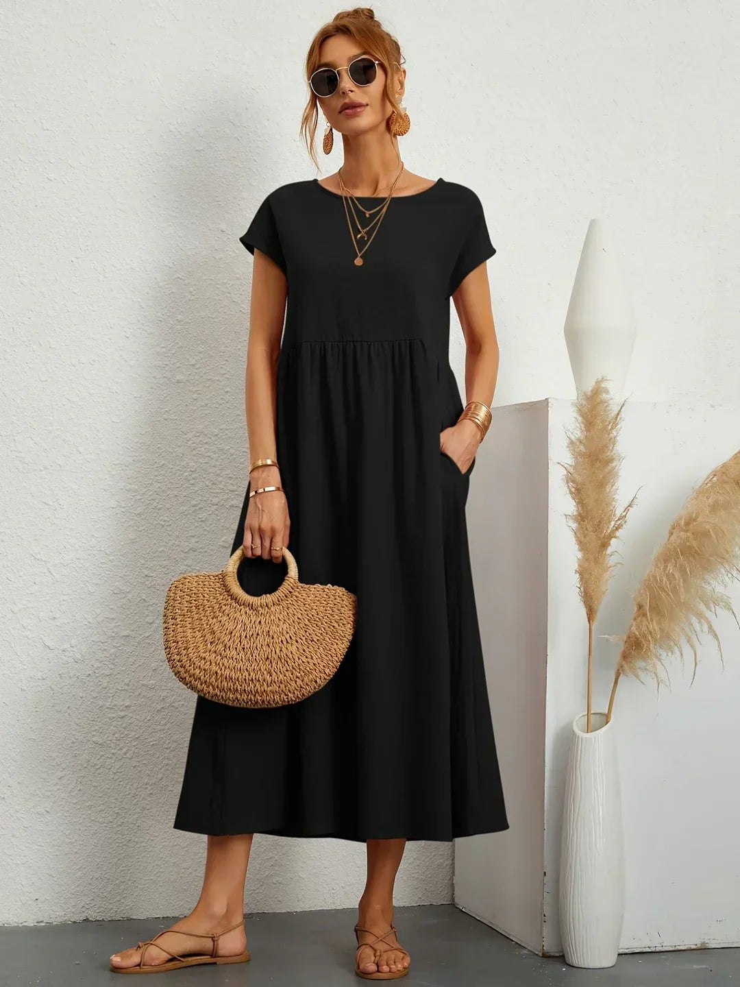 Quessara - Casual Midi Dress, Flowy Cut 