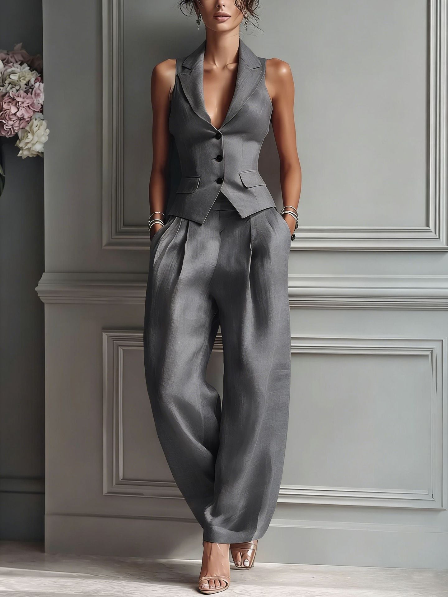 Coryntha - Two-piece V-neck button-down set for women