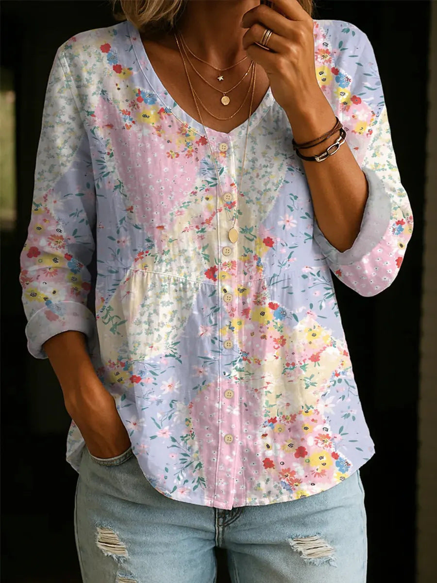 Cirexa - Women's Floral Patchwork V-Neck Flowy Casual Summer Blouse