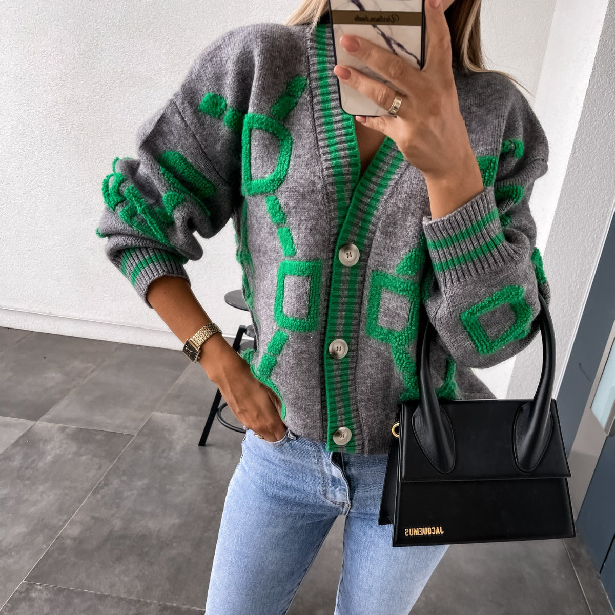 Aliza - Contrasting V-Neck Knit Cardigan